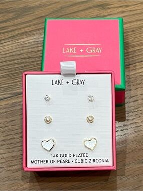 NEW Lake + Gray 3-Pack Gold-Plated Mother of Pearl & CZ Earring Set